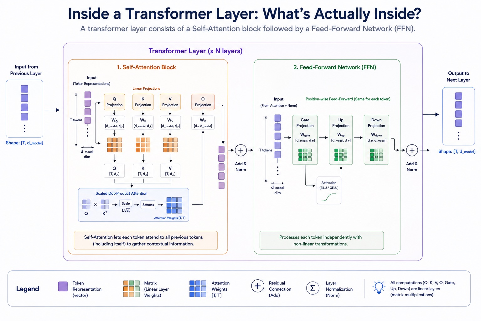 Detailed view of a transformer layer showing weight matrices. In self-attention, input token representations pass through W_Q, W_K, W_V to produce Q, K and V; scaled dot-product attention multiplies Q by K transposed, scales by one over the square root of d_k, applies softmax, and the result passes through W_O. The feed-forward network applies gate, up and down projections with an activation between them.