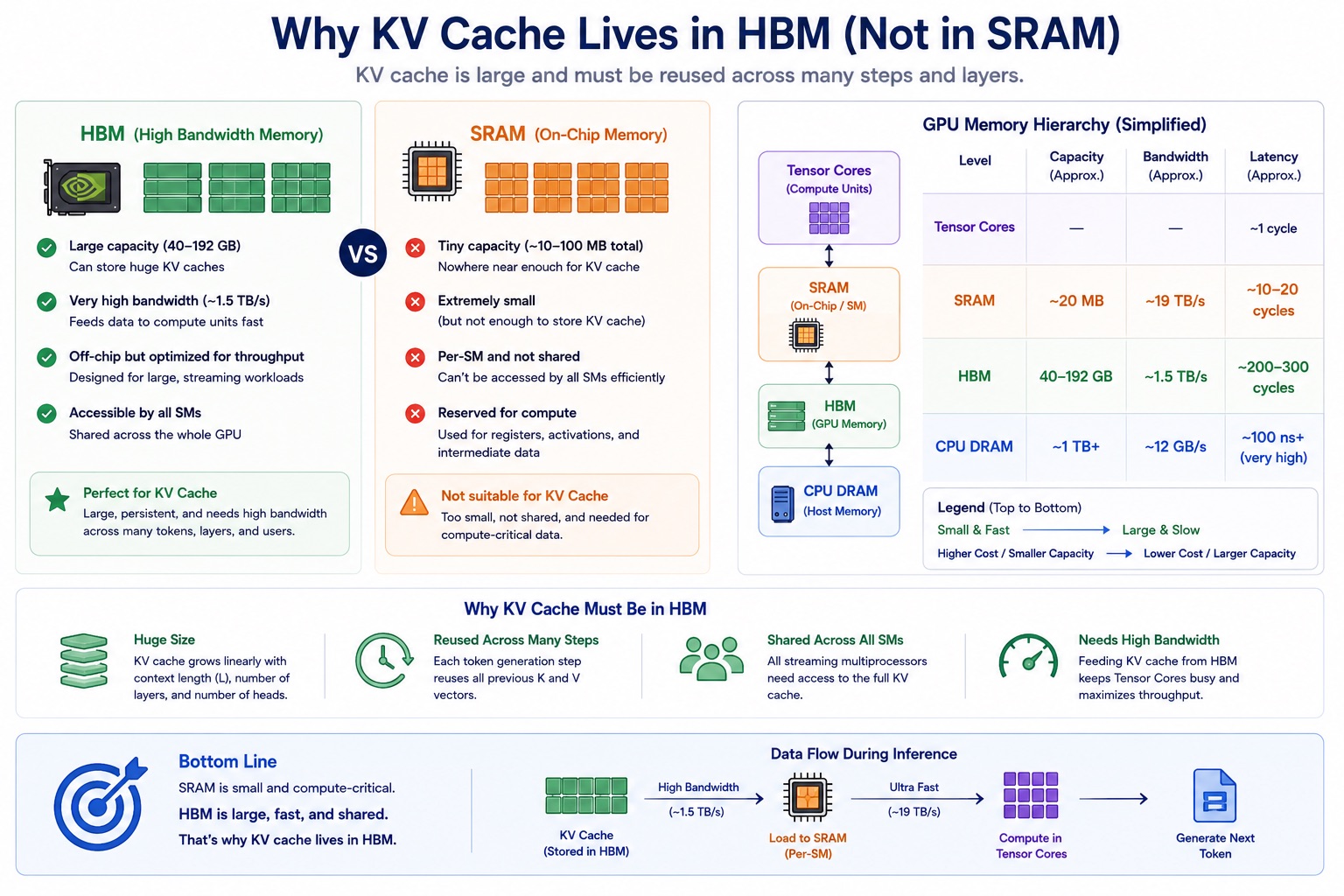 Why the KV cache lives in HBM rather than SRAM. HBM offers 40 to 192 GB at about 1.5 TB/s and is accessible by all streaming multiprocessors, while SRAM is only about 10 to 100 MB total, is per-SM rather than shared, and is reserved for registers, activations and intermediate compute data. The KV cache is large, reused across many steps and layers, and needs to be reachable by the whole GPU.
